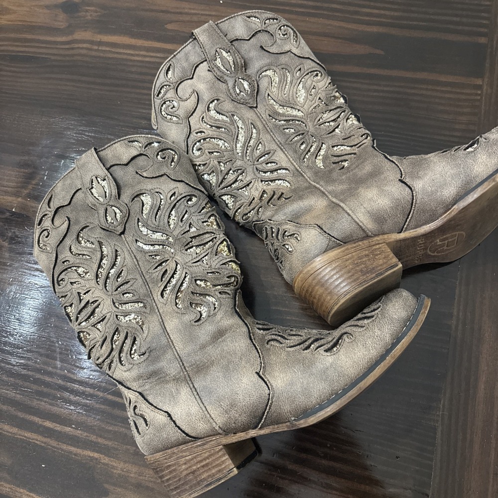 Roper Women's Riley Glitz Western Performance Boots Brown Gold Snip Toe Size 7